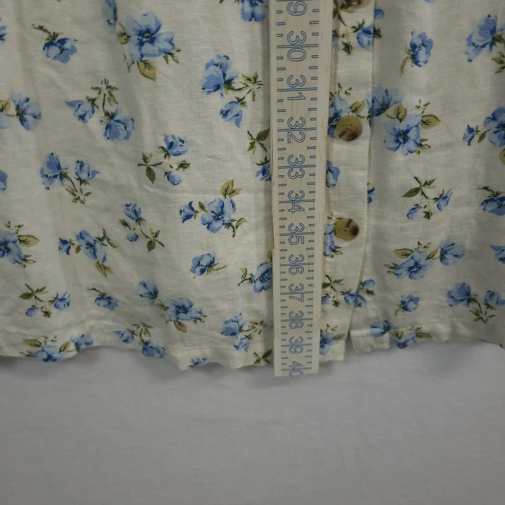 Old Navy Blouse Womens 3X White Blue Floral Linen Blend Puff Sleeve Button Front